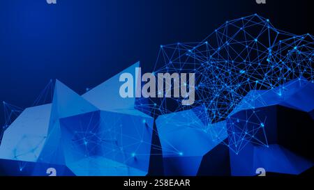 This composition features an intricate design of blue geometric shapes connected by glowing lines, representing a blend of technology and abstract art Stock Photo