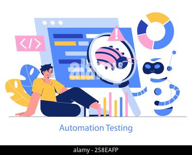 Development Process Automation concept. A person and a robot collaborate on bug detection in software using automated tools. Vector illustration. Stock Vector