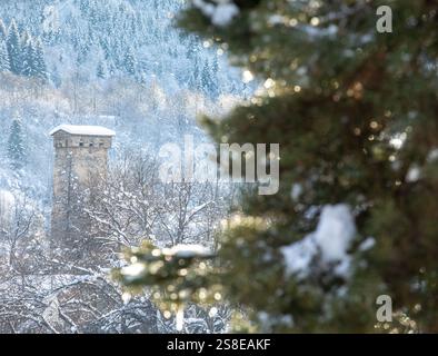 A historic tower stands amidst a tranquil winter forest in Georgia Snow-covered trees and distant firs create a dreamy, frosty landscape, capturing th Stock Photo