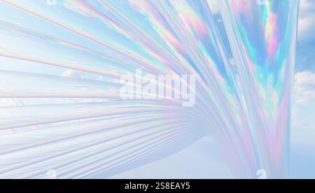 A captivating abstract image features an iridescent wave against a serene blue sky with soft clouds The colors shift subtly, creating a dreamlike, eth Stock Photo