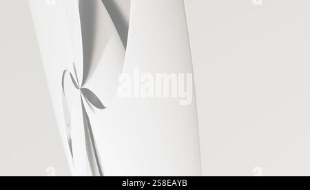 A high-resolution 3D render depicting a subtle, elegant abstract background with smooth curving white forms and soft shadows. Stock Photo