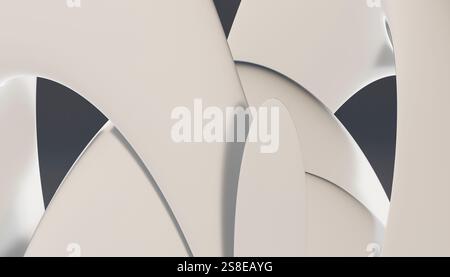 This image features a contemporary 3D rendered abstract background with curvilinear shapes in soft monochromatic tones, showcasing a balance of light Stock Photo