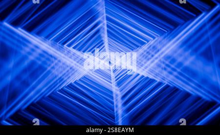 This image features a striking blue-toned 3D render depicting abstract geometrical shapes converging towards a central point, creating a sense of dept Stock Photo