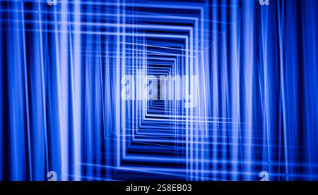 This 3D render features a striking blue tunnel illusion, created by overlapping grids that form a deep, perspective-driven corridor. Stock Photo