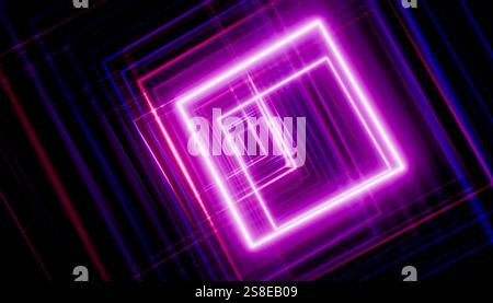 Vibrant purple and pink neon lights create an abstract square tunnel effect in this high-resolution 3D render. Stock Photo