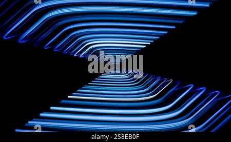 This is a captivating 3D render featuring symmetrical blue glowing lines that fold into a dark abyss, creating an intriguing abstract visual. Stock Photo