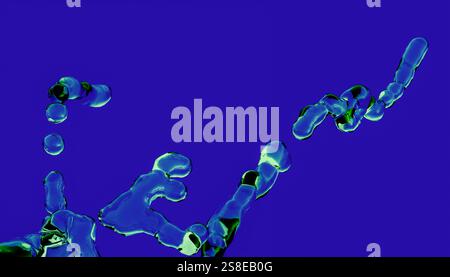 This digital artwork features abstract 3D liquid shapes swirling dynamically against a striking blue background, emphasizing cutting-edge rendering te Stock Photo