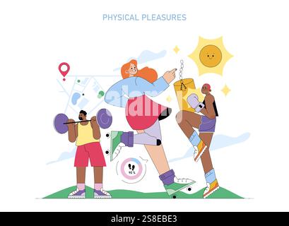 Human Values concept. People engaging in different sports and leisure activities with joy and enthusiasm. Daily life enjoyment and physical health. Vector illustration. Stock Vector