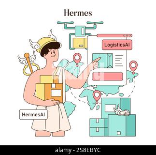 Olympic Gods Synergy AI concept. Hermes integrates advanced logistics AI, optimizing delivery with modern technology. Vector illustration. Stock Vector