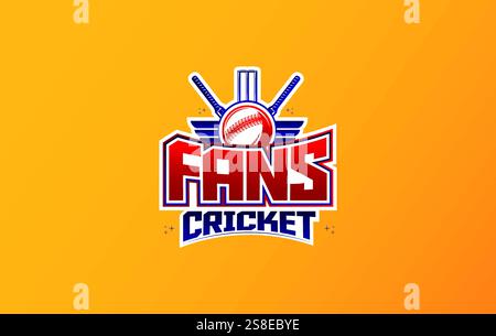 Cricket Fans logo with gradient background and red blue gradient color with wicket, bat and design elements Stock Vector