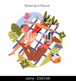 Burnout Breaks concept. Illustration of two people unwinding outdoors, lying on a hammock, symbolizing a break from stress for mental health. Vector illustration. Stock Vector