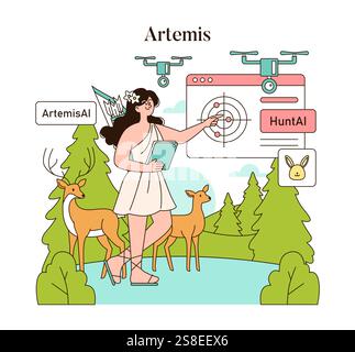 Olympic Gods Synergy AI concept. Artemis merges technology with nature, illustrating a modern approach to ancient mythology. Vector illustration. Stock Vector