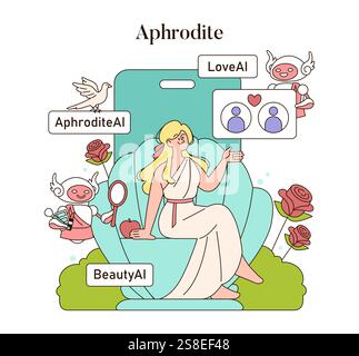 Olympic Gods Synergy AI concept. Aphrodite interacts with technology and whimsical AI cherubs amidst blooming roses. Myth meets modern digital era. Vector illustration. Stock Vector