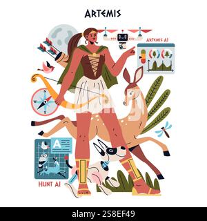 Olympic Gods Synergy AI concept. Artemis integrated with modern artificial intelligence. Greek mythology meets advanced technology. Vector illustration. Stock Vector