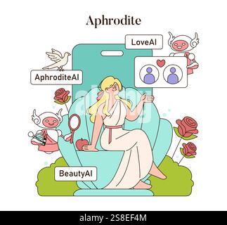 Olympic Gods Synergy AI concept. Aphrodite interacts with technology and whimsical AI cherubs amidst blooming roses. Myth meets modern digital era. Vector illustration. Stock Vector
