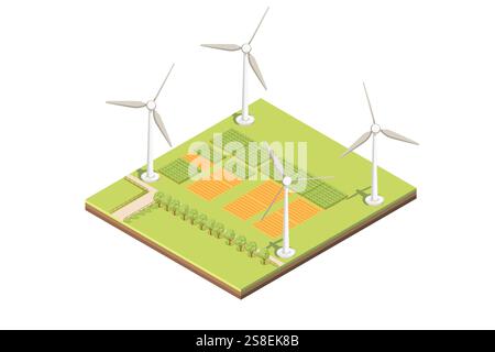 Isometric rural scene with farm field, trees and big windmills wind turbines. Green generation electricity, renewable energy. Vector illustration isol Stock Vector