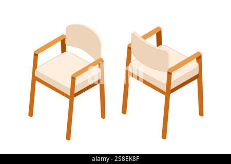 Set of two Isometric modern wooden chairs with armrests. Perfect for furniture catalogs, interior design, or home decor visuals. Vector illustration i Stock Vector