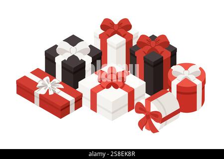 Stacked gift boxes in black, white, and red with minimalistic designs. Some boxes feature stripes, while others have solid colors, all tied with bows. Stock Vector