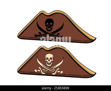 Skull with pirate captain hat colored icon. Tattoo sketch, cranium ...