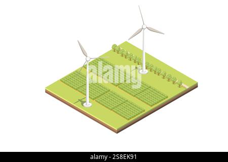 Isometric rural scene with farm field, trees and two big windmill wind turbines. Green generation electricity, renewable energy. Vector illustration i Stock Vector