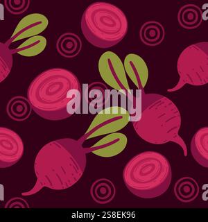 Beets with leaves in vibrant shades of pink and green on a dark background. Perfect for organic product designs or farm branding. Vector illustration. Stock Vector