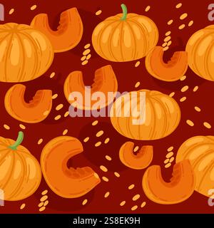 Pattern of pumpkins and seeds on a warm orange background. Great for autumn-themed designs or food packaging. Vector illustration. Stock Vector