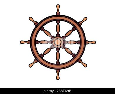 Ship wheel with detailed wooden spokes and metal accents. Perfect for nautical, sailing, or maritime designs. Vector illustration. Stock Vector