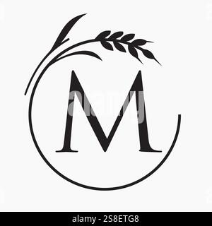 Monogram Letter M Bakery Logo Concept With Grain Wheat Symbol Vector Template Stock Vector