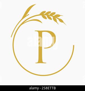 Monogram Letter P Bakery Logo Concept With Grain Wheat Symbol Vector Template Stock Vector