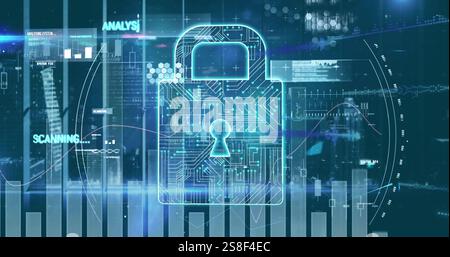 Image of padlock icon and data processing on black background Stock Photo
