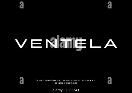 Modern elegant sans serif expanded style alphabet display font vector illustration Stock Vector