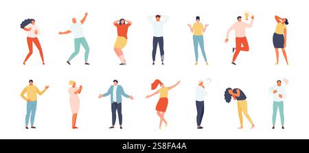 People showing various emotions and gestures in full-length isolated on a white background. Vector set Stock Vector