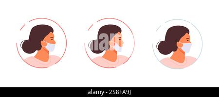 How to correctly wear a protective mask instructions. Prevention of infectious diseases vector illustration template Stock Vector