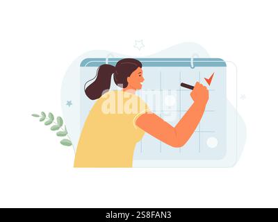Business girl at the clipboard notes the list of tasks. Planning, achievement, business schedule. Vector web illustration Stock Vector