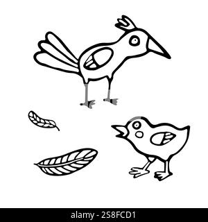 A charming black and white illustration featuring two cartoon birds along with a few feathers. for children's books, educational content, or coloring Stock Vector