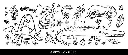 A playful black and white line art illustration featuring a turtle, snake, gecko, snail, and crocodile amidst jungle flora. Stock Vector