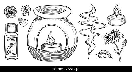Aroma oil and diffuser doodle with soft floral elements. Suitable for wellness, spa, and scent-related concepts. Black and white line art with a calmi Stock Vector