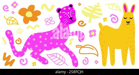 Pink leopard yellow lama cartoon vector style kit, Flat set Isolated on white, Summer childish kids party design elements Stock Vector