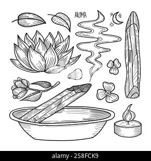 Aromatic palo santo wood sticks incense and lotus flowers create a calming vibe in this spa-inspired illustration. Ideal for wellness blogs and aromat Stock Vector