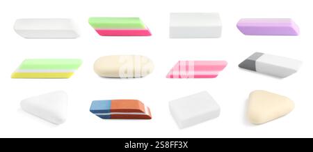 Many different erasers isolated on white, set Stock Photo