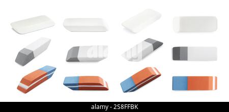 Many different erasers isolated on white, set Stock Photo