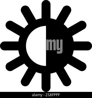 Black and white brightness control icon with sun and rays. Stock Vector