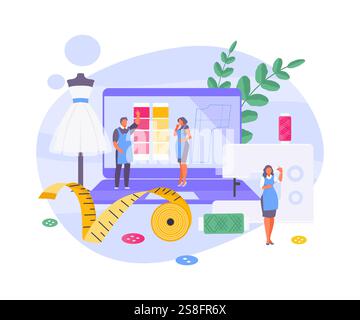 People working in a sewing studio. Sewing workshop concept. Vector illustration Stock Vector