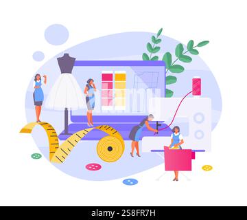 Concept group of women working in a sewing workshop. Vector illustration, banner Stock Vector