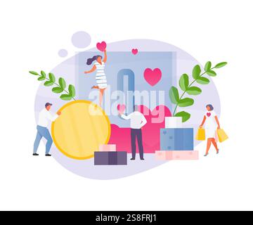 Group of volunteers and charity. Donations and support, love and kindness. Vector stylized illustration Stock Vector