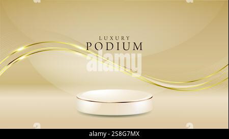 Product podium with sparkle golden curve lines 3d realistic elements vector illustration Stock Vector
