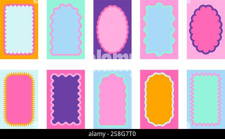 Set of cute frames with arch, rectangle and oval inner wavy edges. Colorful vignettes for pictures or photos with inside wiggly borders. Empty box, tag or label templates. Vector flat illustration. Stock Vector