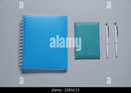 Different blank items for branding on gray background, flat lay. Mockup for design Stock Photo
