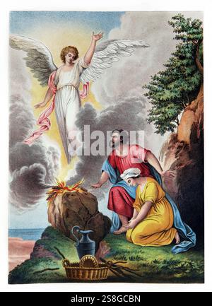 Illustration of Manoah's Sacrifice (Judges) Manoah and His Barren Wife Sacrificing a Ram to the Lord So They may Have a Child from Antique 19th Centur Stock Photo