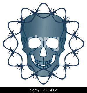 Illustration of an abstract concertina wire or dannert wire coiled into a ring and human skull Stock Vector